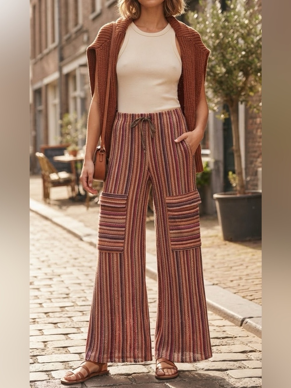 Striped Wide-Leg Knit Cargo Pants in Red and Brown